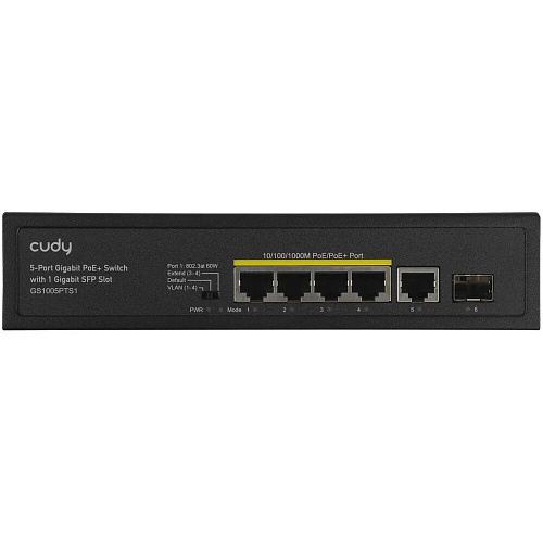 Коммутатор Cudy GS1005PTS1 (L2) неуправляемый 5 портов 10/100/1000Мбит/с, 1SFP 4хPoE+ 120W
