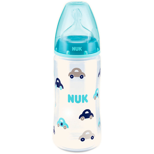 Бутылочка для кормления NUK First Choice Plus полипропилен, 300 мл + силиконовая соска со средним отверстием для пищи M р-р 1 (машинки)