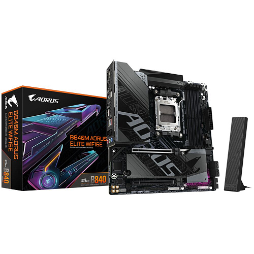 Материнская плата Gigabyte B840M AORUS Elite WiFi6E Socket-AM5 AMD B840 4xDDR5, 4xSATA3, RAID, 2xM.2, 2xPCI-E16x, 3xUSB3.2, 1xUSB3.2 Type C, DP, HDMI, WiFi Glan mATX