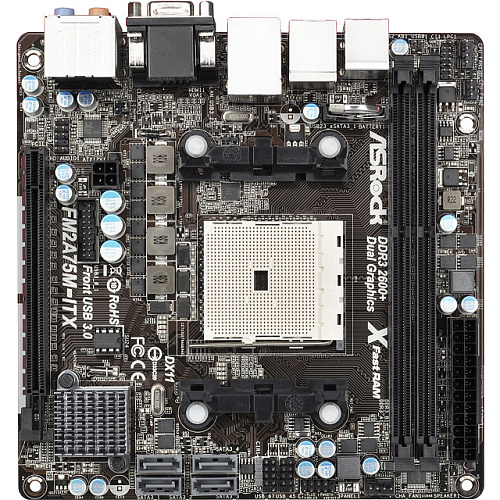 Материнская плата ASRock FM2A75M-ITX FM2, AMD A75, 2xDDR3, 1xPCI-E16x, 4xSATA3, 4xUSB3.0, 1xeSATA, Raid, GLan Mini-ITX 