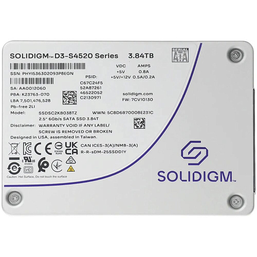 Внутренний SSD-накопитель 3.84Tb Intel SSDSC2KB038TZ1Z SATA3 2.5" D3-S4520-Series