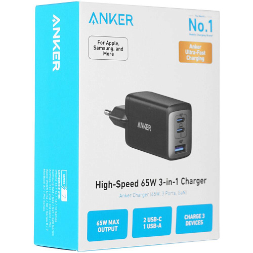 Сетевое зарядное устройство Anker GaN Wall Charger A2667 65W USB + 2xUSB-C черное