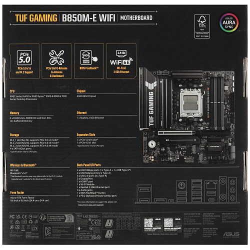 Материнская плата ASUS TUF Gaming B850M-E WiFi B850 Socket AM5 4xDDR5, 4xSATA3, RAID, 3xM.2, 2xPCI-E16x, 3xUSB3.2, 1xUSB3.2 Type C, DP, HDMI, WiFi, 2.5Glan, mATX