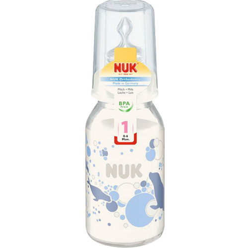 Бутылочка для кормления NUK стеклянная, 125 мл + силиконовая соска размер 1 (синяя с синей крышкой)