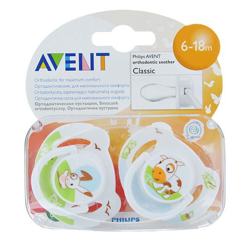 Пустышка силиконовая Avent Домашние животные BPA-Free 83520 6-18мес, 2шт (корова+зайчик)
