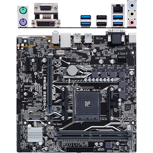 Материнская плата ASUS Prime B350M-K B350 Socket AM4 2xDDR4, 4xSATA3, RAID, 1xM.2, 1xPCI-E16x, 6xUSB3.1, D-Sub, DVI-D, Glan, mATX