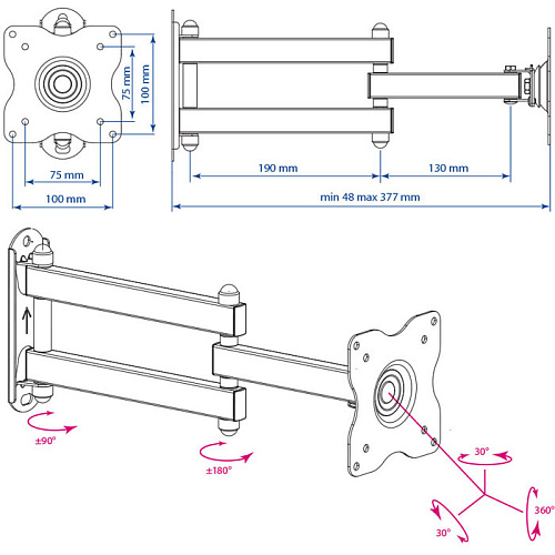 Кронштейн наклонно-поворотный Kromax DIX-15 10-28' до 30кг Vesa до 100x100 черный
