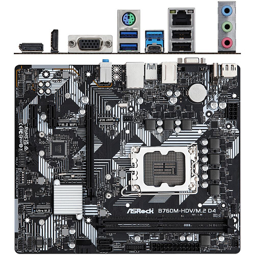 Материнская плата ASRock B760M-HDV/M.2 D4 B760 Socket-1700 2xDDR4, 4xSATA3, RAID, 2xM.2, 1xPCI-E16x, 3xUSB3.2, 1xUSB3.2 Type C, D-Sub, DP, HDMI, 2.5Glan, mATX