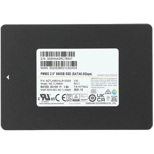 Внутренний SSD-накопитель Samsung SSD PM883, 960GB, 2.5" 7mm, SATA3, 3D TLC, R/W 550/520MB/s, IOPs 98 000/28 000, TBW 1366, DWPD 1.3