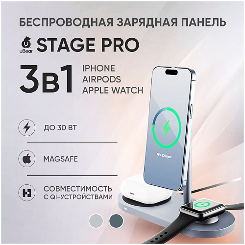 Беспроводная зарядная панель 3 в 1 Для IPhone, Apple Watch, Airpods uBear Stage Pro 30W Grey УЦЕНКА
