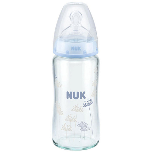 Бутылочка для кормления NUK First Choice Plus стеклянная, 240 мл + силиконовая соска со средним отверстием для пищи M размер 1 (голубая)