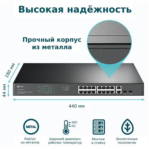 Коммутатор TP-LINK TL-SG1218MP неуправляемый 16xGbLAN PoE+ 2xGbLAN 2xSFP/GbLAN