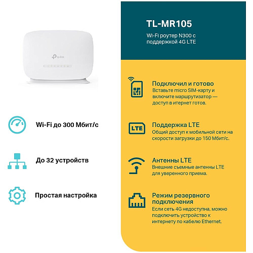 Беспроводной маршрутизатор TP-LINK TL-MR105, Wi-Fi 4 802.11n, 300Мбит/с, 2.4ГГц, 1xLAN, 1xWAN/LAN, 3G/LTE