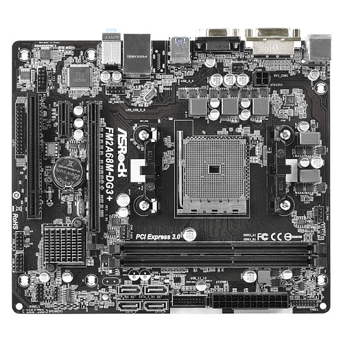 Материнская плата ASRock FM2A68M-DG3+ Socket-FM2+, AMD A68H, 2xDDR3, 4xSATA3, Raid, 1xPCI-E16x, 2xUSB3.0, D-Sub, DVI, mATX, Ret