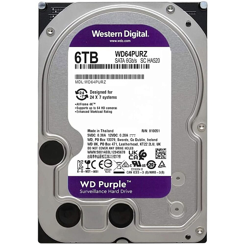 Внутренний жесткий диск 3,5" 6Tb Western Digital (WD64PURZ) 256Mb 5400rpm SATA3 Purple