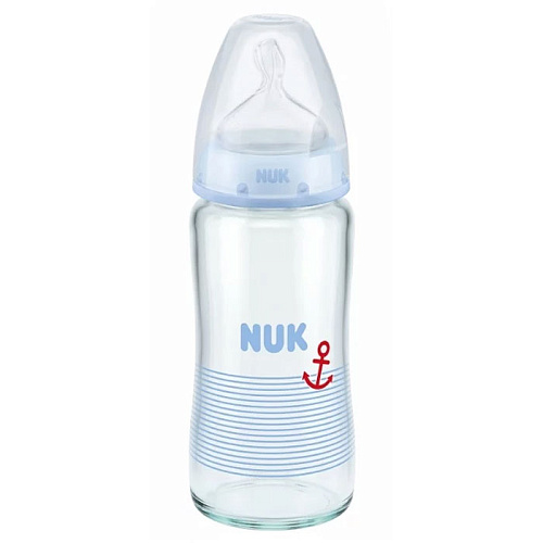 Бутылочка для кормления NUK First Choice Plus стеклянная, 240 мл + силиконовая соска со средним отверстием для пищи M размер 1 (якорь)