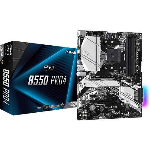 Материнская плата ASRock B550 Pro4 Socket-AM4 AMD B550 4xDDR4, 6xSATA3, RAID, 2xM.2, 2xPCI-E16x, 5xUSB3.2, 1xUSB3.2 Type C, D-Sub, HDMI, Glan, ATX Ret