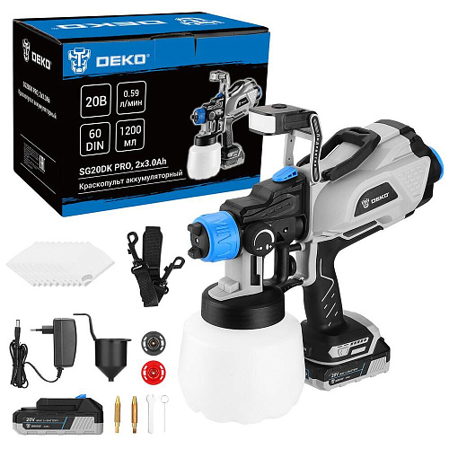 Аккумуляторный краскопульт Deko SG20DK PRO, 20В, 1200 мл, 2x3.0Ач 083-1136