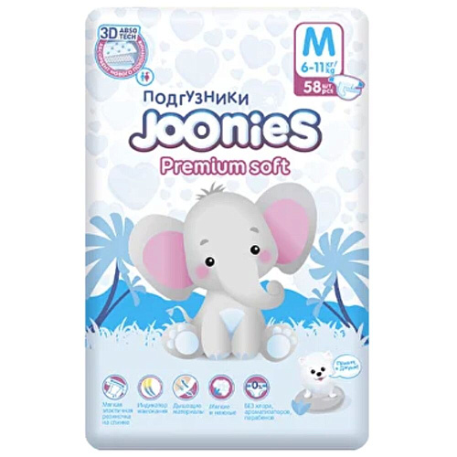 Joonies Подгузники Premium Soft, M (6-11 кг.), 58 шт., 2 упаковки