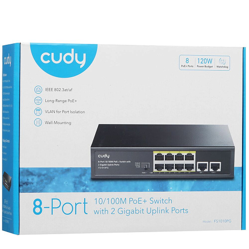 Коммутатор Cudy FS1010PG неуправляемый 8 портов 10/100Мбит/с PoE+, 2 порта 10/100/1000Мбит/с uplink