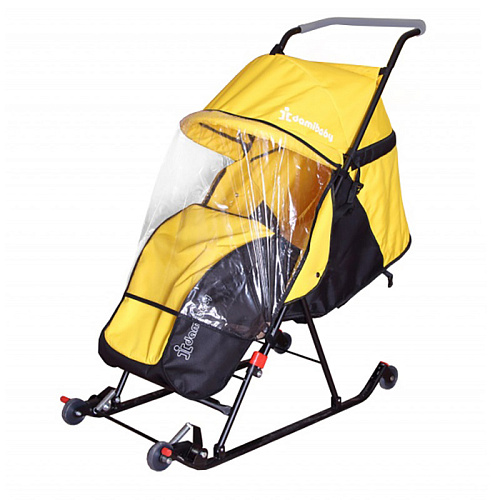 Санки детские складные Дэми с конвертом и толкателем (желтый) 4 колеса, 3 положения спинки