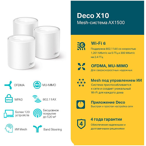 Беспроводной маршрутизатор TP-LINK Whole-Home Mesh Deco X10 Wi-Fi 6 AX1500 2xWAN/LAN (3-pack)