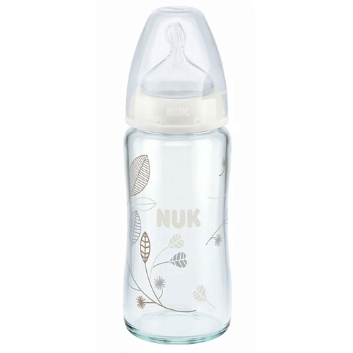 Бутылочка для кормления NUK First Choice Plus стеклянная, 240 мл + силиконовая соска со средним отверстием для пищи M размер 1 (листочки)