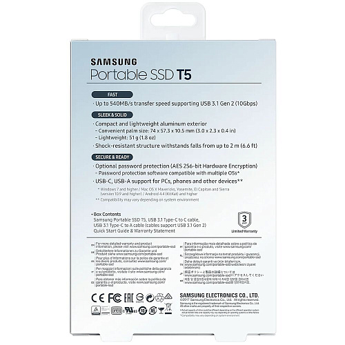 Внешний SSD-накопитель 500Gb Samsung T5 MU-PA500B/WW (SSD) USB 3.1 Синий