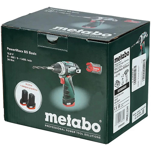 Аккумуляторная дрель-шуруповерт Metabo PowerMaxx BS 2020 Basic, 12 В, 2.0 А·ч х2, коробка 600984000