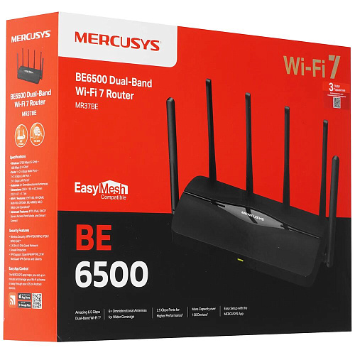 Беспроводной маршрутизатор Mercusys MR37BE, Wi-Fi 7 802.11be 6448Мбит/с, 2.4+5ГГц, 3xGLAN, 1xGWAN чёрный