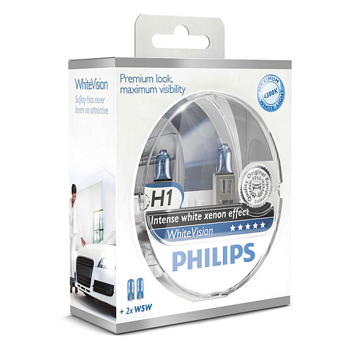 Автомобильная лампа H1 55W White Vision 2шт. + W5W 2шт. Philips