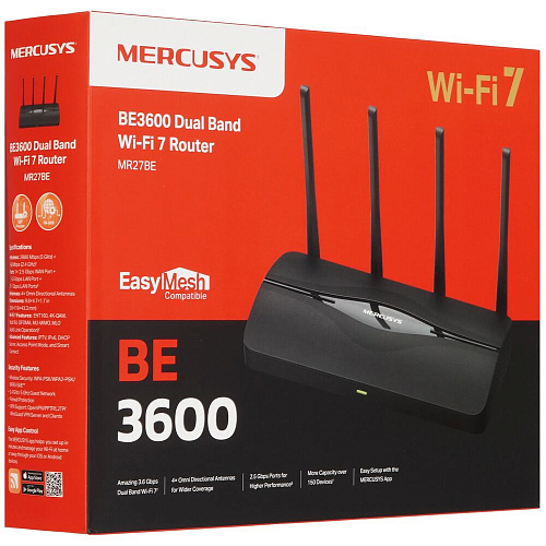 Беспроводной маршрутизатор Mercusys MR27BE, Wi-Fi 7 802.11be 3568Мбит/с, 2.4+5ГГц, 3xGLAN, 1xGWAN чёрный