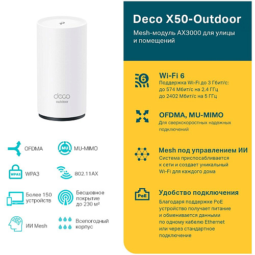 Беспроводной маршрутизатор TP-LINK Whole-Home Mesh Deco X50-OUTDOOR Wi-Fi 6 802.11ax, 3000(574+24021) Мбит/с, 2.4ГГц и 5ГГц, 2xLAN (1-pack)