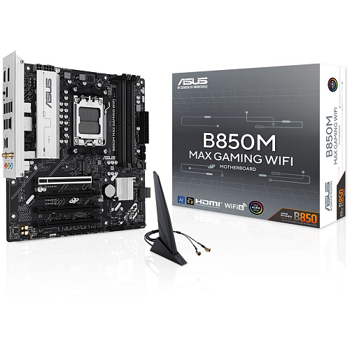 Материнская плата ASUS B850M Max Gaming WiFi B850 Socket AM5 4xDDR5, 4xSATA3, RAID, 3xM.2, 4xPCI-E16x, 3xUSB3.2, 1xUSB3.2 Type C, DP, HDMI, WiFi, 2.5Glan, mATX