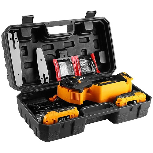 Аккумуляторная пила Deko DKCHS 20-6 PRO, 4" и 6", 20В, 2x2.2Ач, 2 шины и 2 цепи в кейсе 083-2012