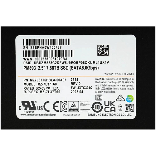 Внутренний SSD-накопитель Samsung SSD PM893, 7680GB, 2.5" 7mm, SATA3, 3D TLC, R/W 550/520MB/s, IOPs 98 000/30 000, TBW 14016, DWPD 1