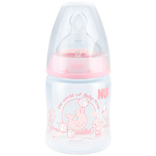 Бутылочка для кормления NUK First Choice Plus полипропилен, 150 мл + силиконовая соска со средним отверстием для пищи М р-р 1 (розовая 1)