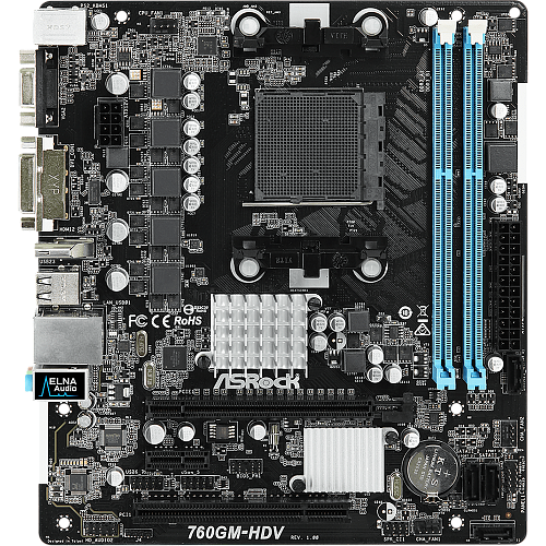 Материнская плата ASRock 760GM-HDV 760G+SB710 Socket-AM3+, 2xDDR3, 4xSATA2, 1xPCI-E16x, D-Sub, DVI-D, HDMI, GLAN, mATX