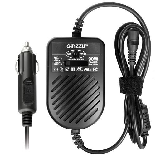 Адаптер питания для ноутбука автомобильный Ginzzu GA-4090U для ноутбуков 90Вт, 8 коннекторов, 1хUSB 2.1A