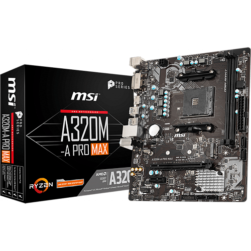 Материнская плата MSI A320M-A Pro Max Socket-AM4 AMD A320 2xDDR4, 4xSATA3, RAID, 1xM.2, 1xPCI-E 16x, 4xUSB 3.1, DVI-D, HDMI, GLAN mATX Ret УЦЕНКА