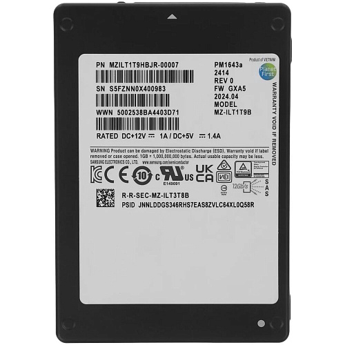 Внутренний SSD-накопитель Samsung SSD PM1643a, 1920GB, 2.5" 15mm, SAS 12Gb/s, 3D TLC, R/W 2100/1800MB/s, IOPs 440 000/46 000, TBW 3504, DWPD 1