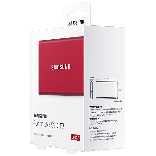Внешний SSD-накопитель 500Gb Samsung T7 MU-PC500R/WW (SSD) USB 3.2 Type C Красный