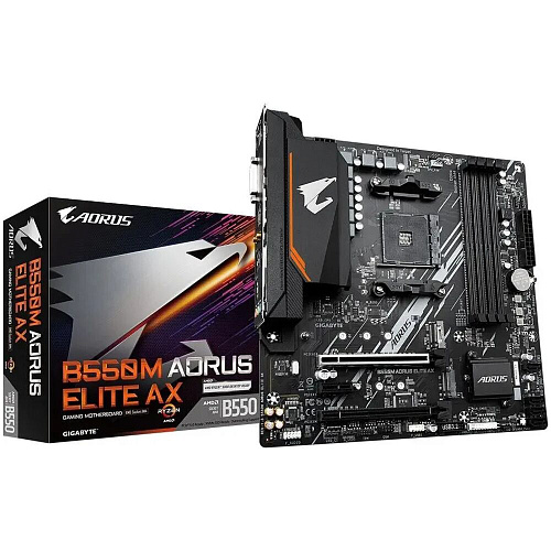Материнская плата Gigabyte B550M AORUS Elite AX Socket-AM4 AMD B550 4xDDR4, 4xSATA3, RAID, 2xM.2, 2xPCI-E16x, 4xUSB3.2, DVI-D, HDMI, WiFi, Glan, mATX Ret
