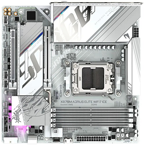 Материнская плата Gigabyte X870M AORUS Elite WiFi7 Ice Socket-AM5 AMD X870 4xDDR5, 2xSATA3, RAID, 2xM.2, 2xPCI-E16x, 5xUSB3.2, 2xUSB3.2 Type C, HDMI, 2.5Glan, mATX Ret