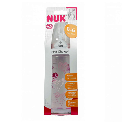 Бутылочка для кормления NUK First Choice Plus полипропилен, 300 мл + силиконовая соска со средним отверстием для пищи M р-р 1 (сердечки)