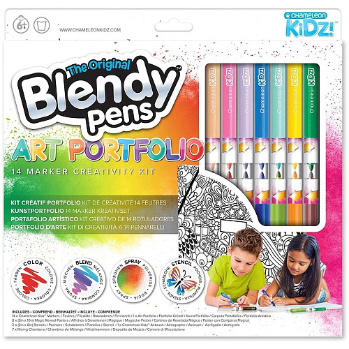 Набор фломастеров-хамелеонов «Blendy pens» (14 шт.) c раскрасками, трафаретами и аэрографом