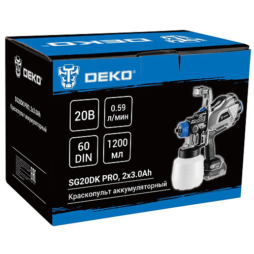 Аккумуляторный краскопульт Deko SG20DK PRO, 20В, 1200 мл, 2x3.0Ач 083-1136