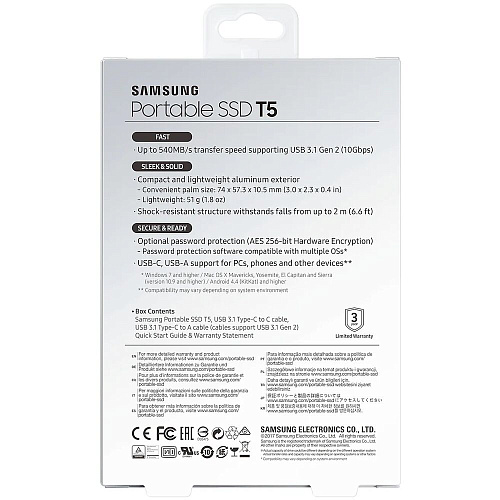 Внешний SSD-накопитель 1Tb Samsung T5 MU-PA1T0B/WW (SSD) USB 3.1 Type C Черный УЦЕНКА