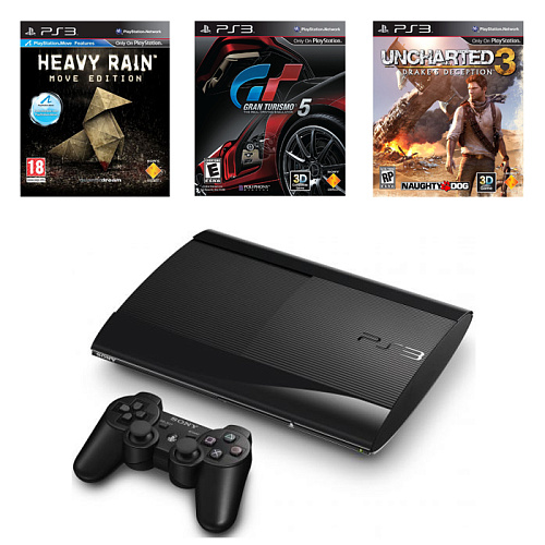 Игровая приставка Sony PS3 Super Slim 500 Gb +  HeavyRain + Gran Turismo 5 + Uncharted 3