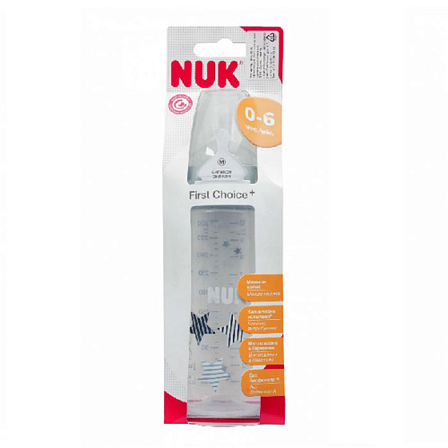 Бутылочка для кормления NUK First Choice Plus полипропилен, 300 мл + силиконовая соска со средним отверстием для пищи M р-р 1 (звезды)